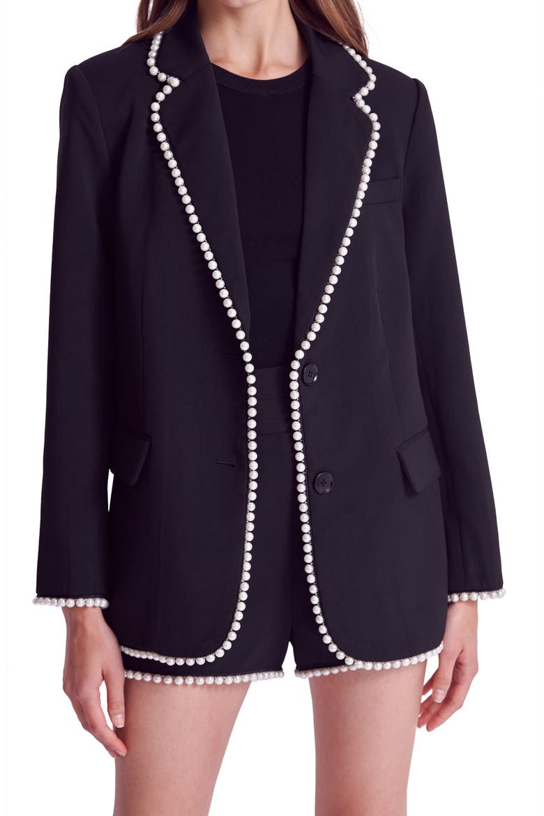 Premium Imitation Pearl Trim Blazer, Alternate, color, BLACK