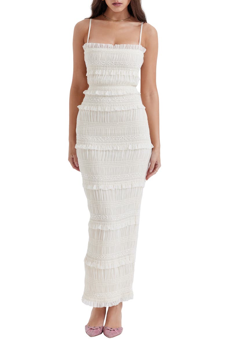 HOUSE OF CB Solana Sequin Smocked & Shirred Cocktail Dress, Main, color, Ivory Print