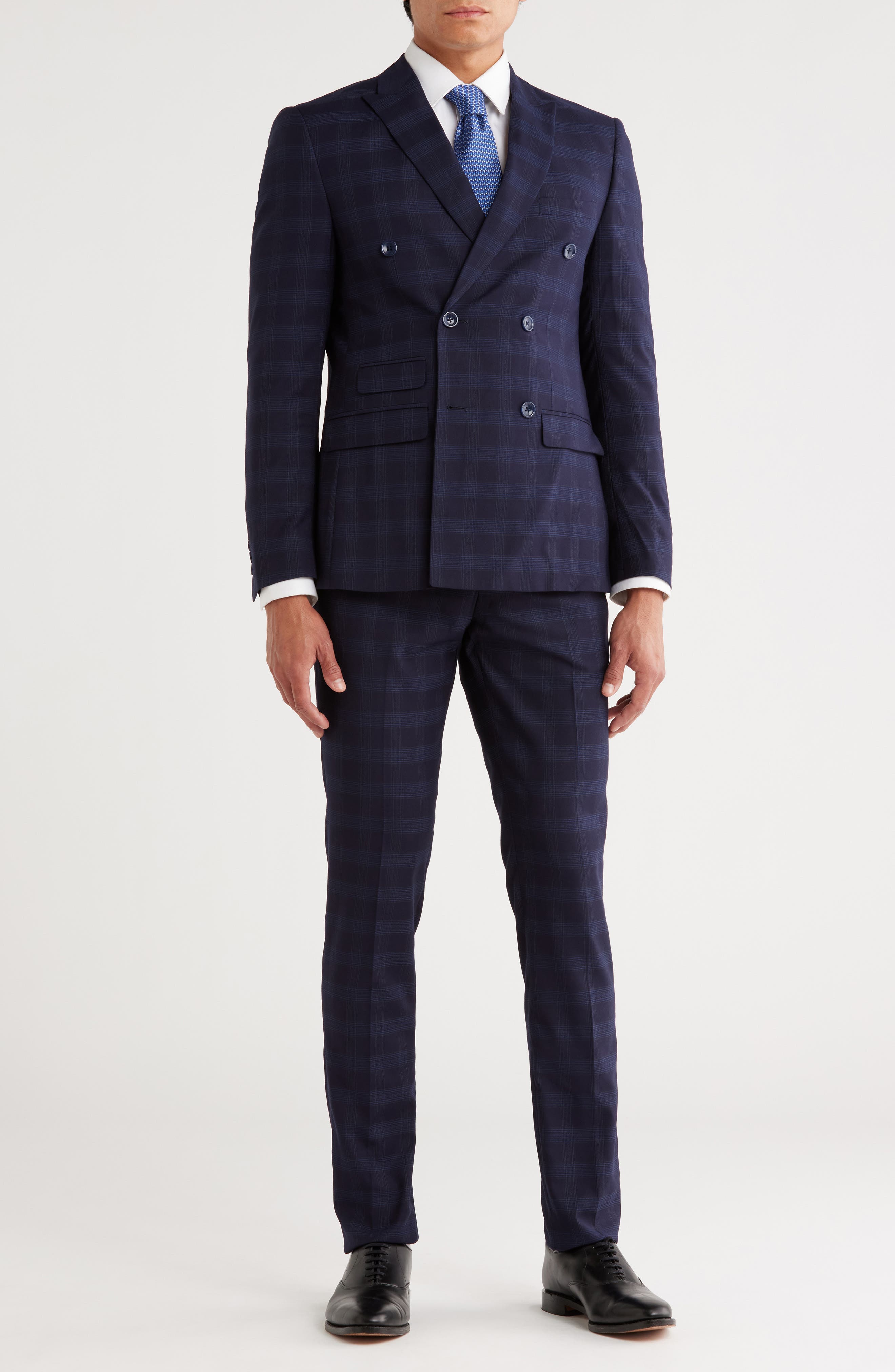SOUL OF LONDON Navy Plaid Double Breasted Suit