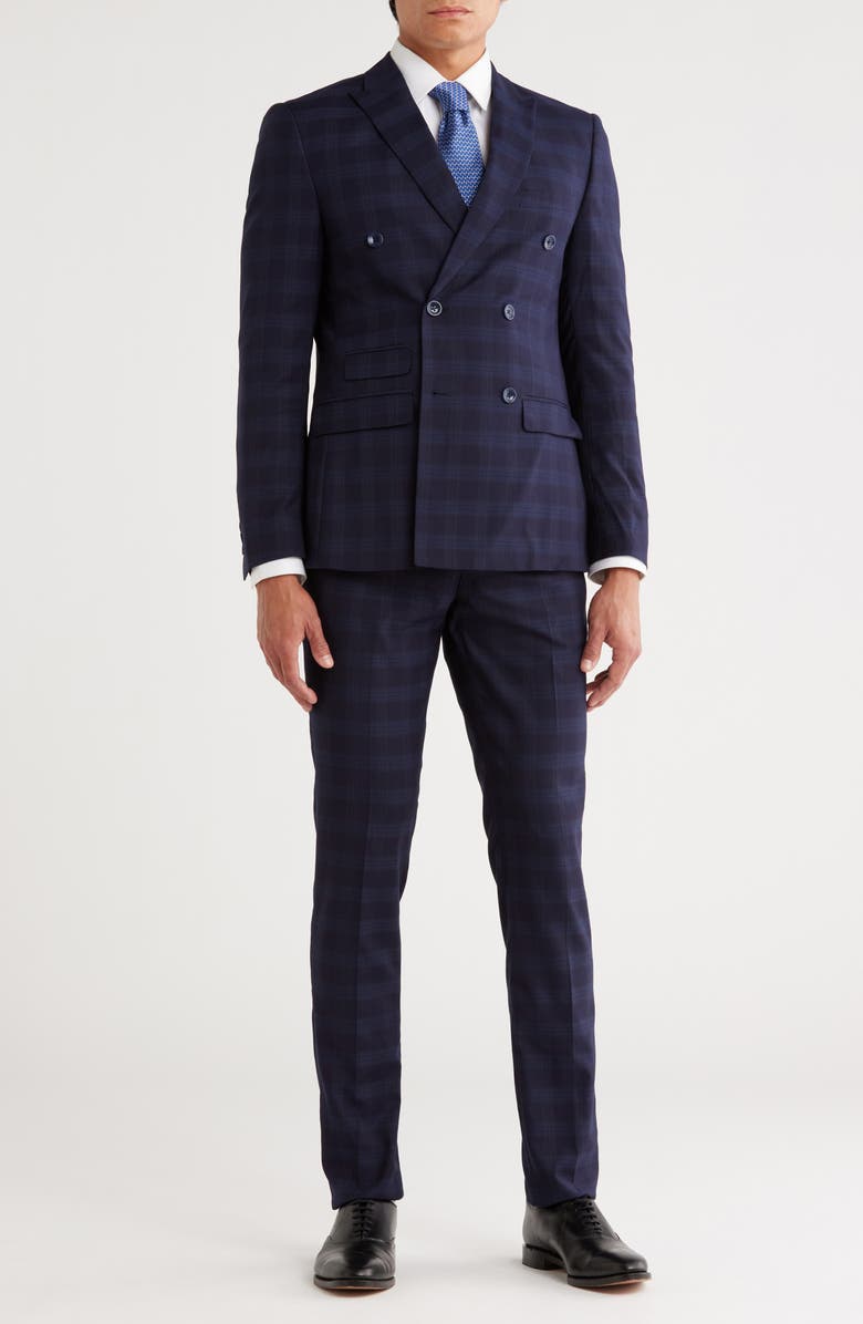 SOUL OF LONDON Navy Plaid Double Breasted Suit, Main, color, Navy