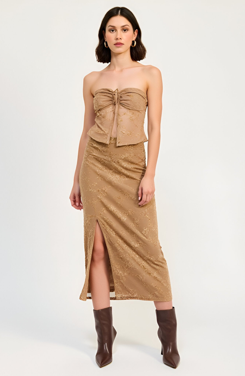 Modenaire Floral Velvet Ruched Waist Side Slit Midi Skirt In Gold