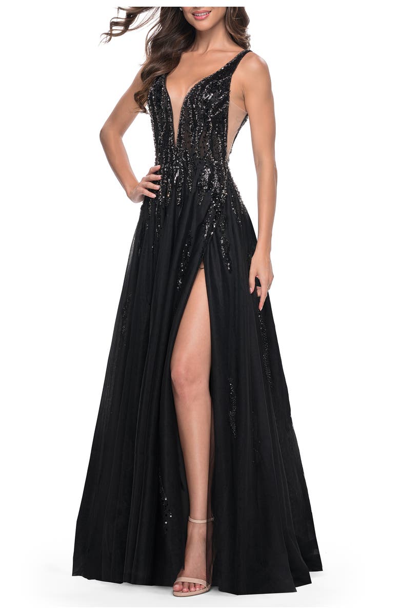 La Femme A-Line Rhinestone and Beaded Embellished Prom Dress, Alternate, color, Black