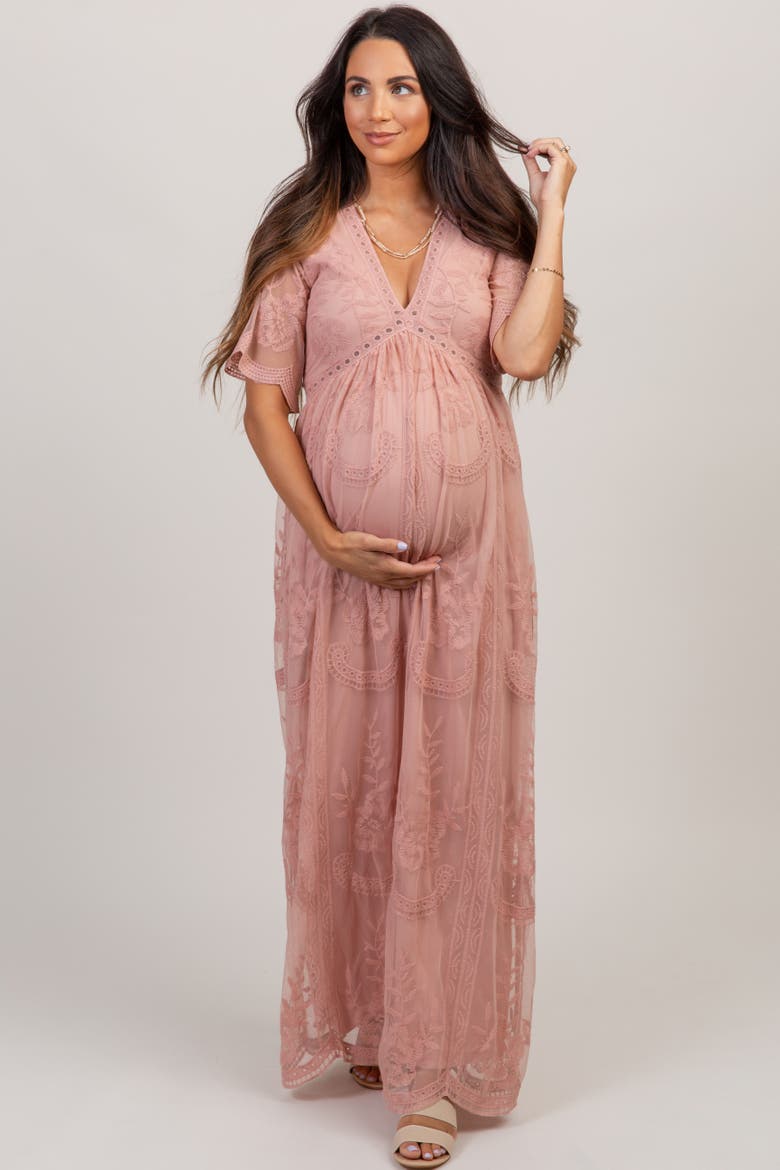 Lace Mesh Overlay Maternity Maxi Dress, Alternate, color, Light Pink