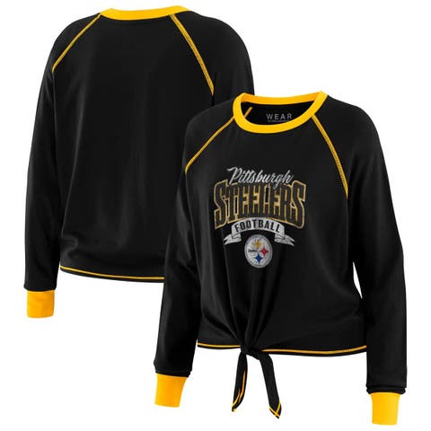 Women's WEAR by Erin Andrews Black/Gold Pittsburgh Steelers Plus Size Tie-Front Long Sleeve Top
