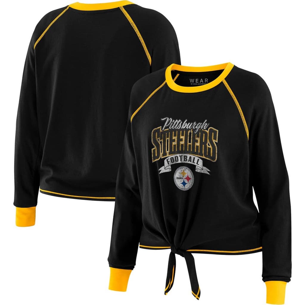 Wear By Erin Andrews Women's Black/gold Pittsburgh Steelers Tie-front Long Sleeve Top In Black