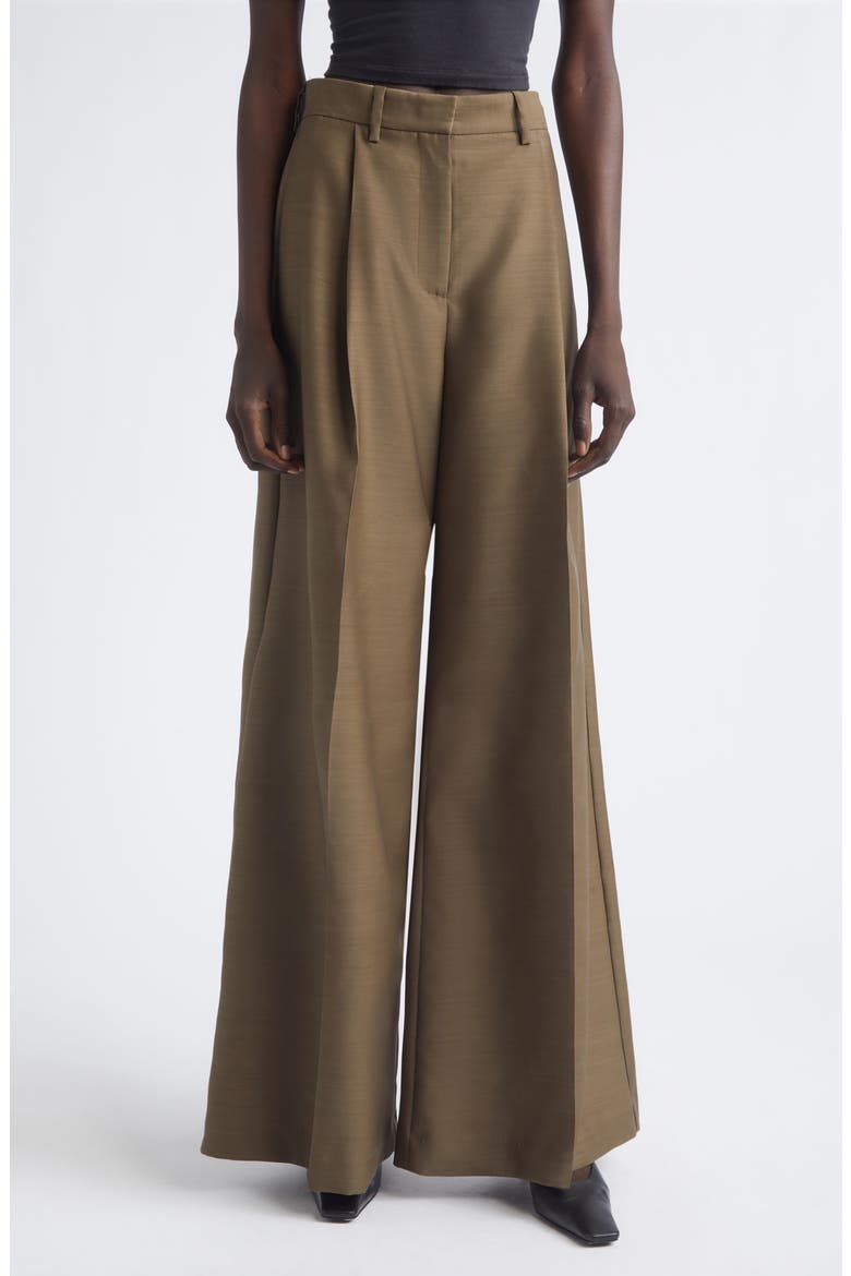 Laurence Pleated Wool & Silk Wide Leg Trousers, Main, color, OLIVE