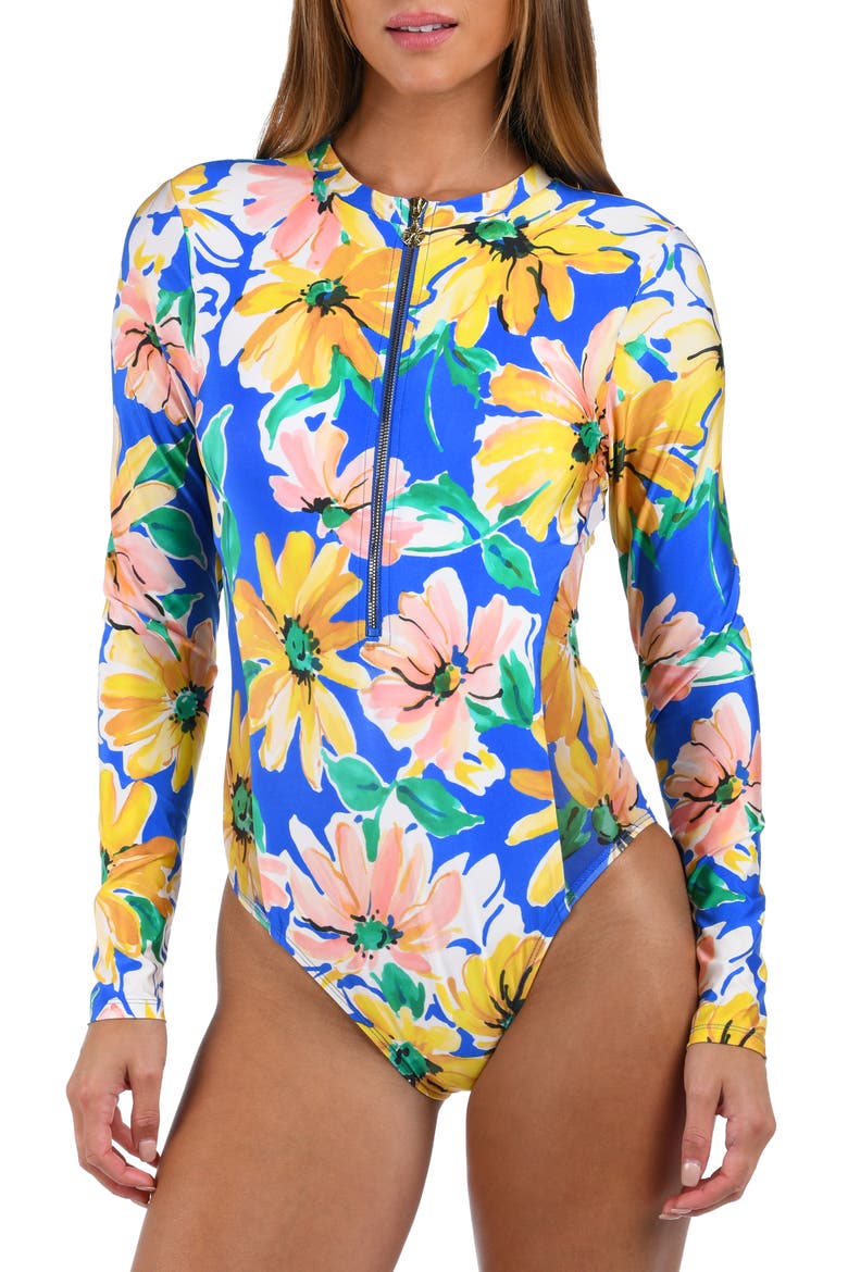 Sunflower Long Sleeve One-Piece Rashguard Swimsuit, Main, color, BLUE MULTI