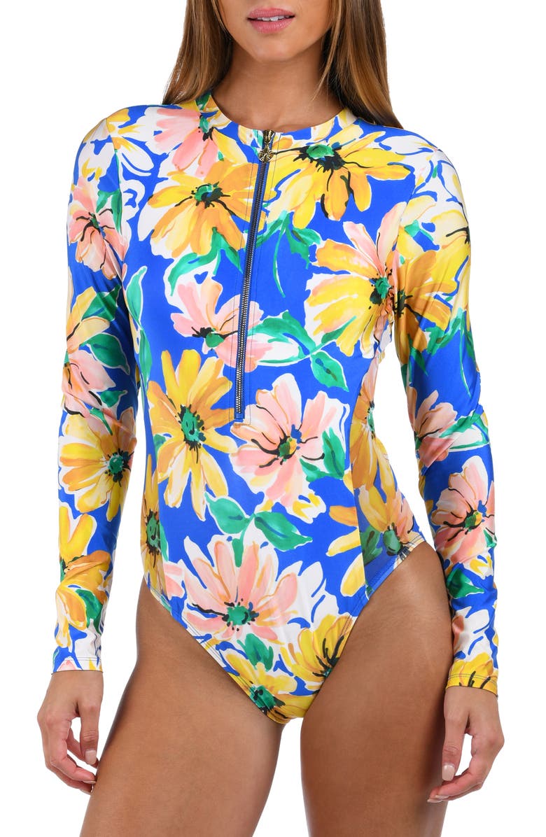 Sunshine 79 Sunflower Long Sleeve One-Piece Rashguard Swimsuit, Main, color, Blue Multi