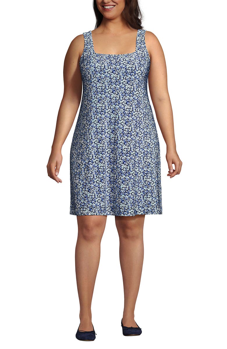 Lands' End Plus Size Silky Knit Mini Shift Dress, Main, color, Navy/Clear Blue Ditsy Floral