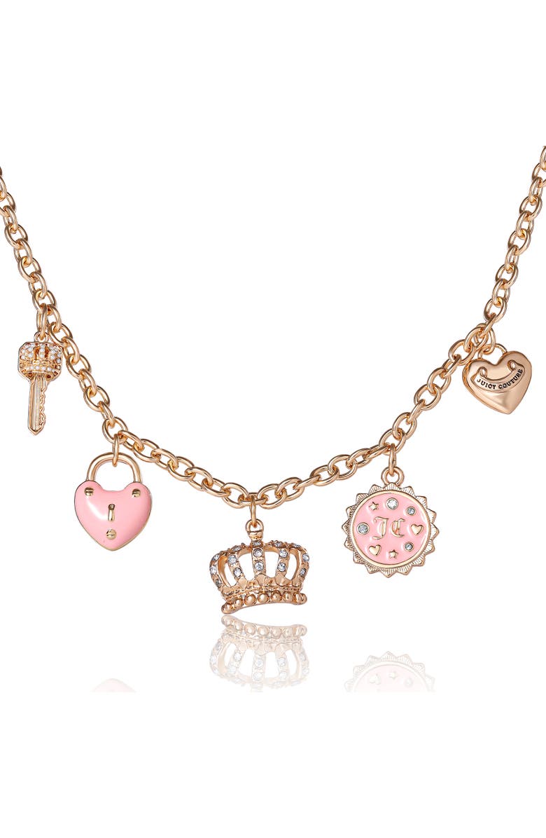 Juicy Couture Gold-Tone Crystal Charm Necklace, Main, color, Gold, Pink