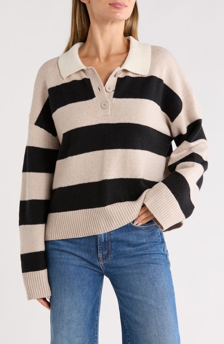 Sanctuary Stripe Rugby Polo Sweater, Main, color, Pearl / Black / Scone