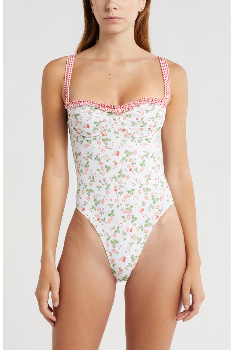 Elise Ruffle One-Piece Swimsuit, Main, color, WHITE FLORAL GINGHAM