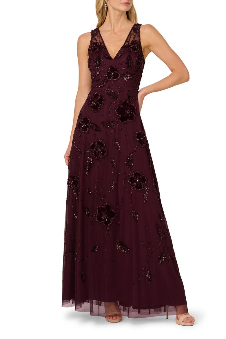 Beaded Floral Velvet Gown, Main, color, NIGHT PLUM