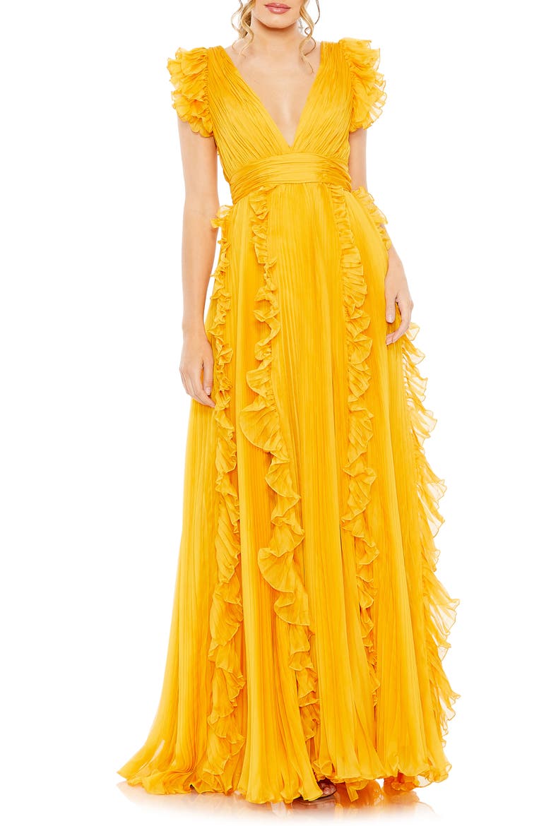 Pleated Ruffle Cap Sleeve Chiffon Gown, Main, color, MARIGOLD