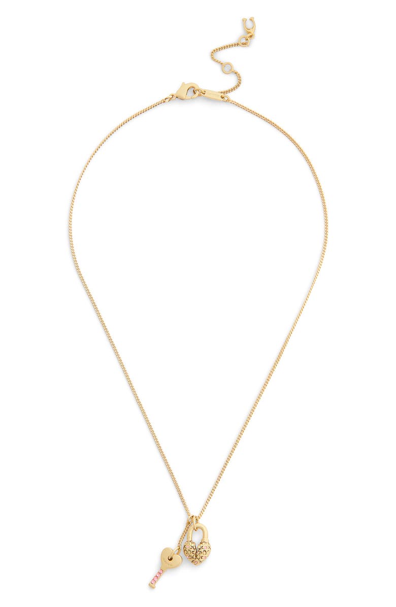 COACH Heart Padlock & Key Charm Necklace, Alternate, color, Shiny Gold