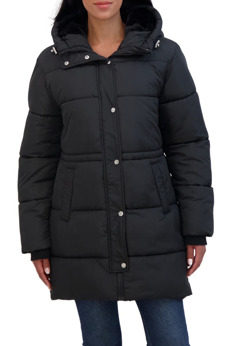 Cozy Faux Fur Lined Hood Puffer Jacket, Main, color, BLACK