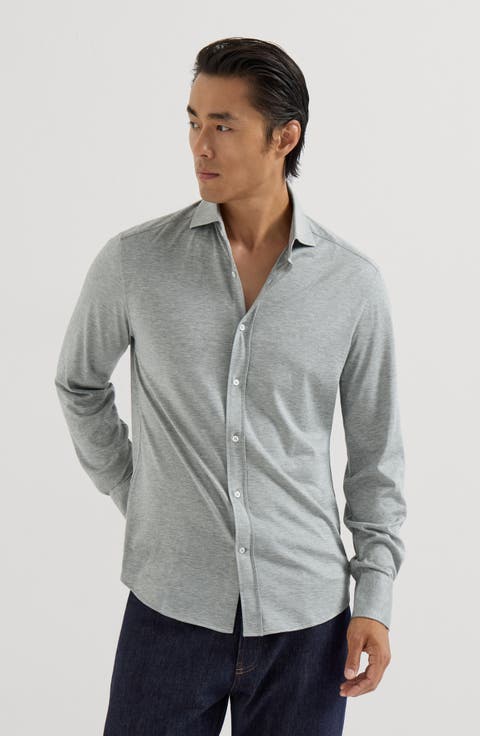 Silk and cotton lightweight jersey shirt with spead collar