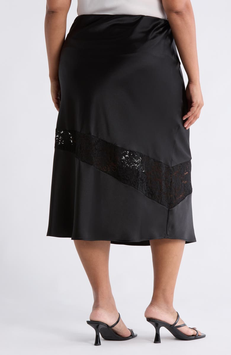 Renee C Satin & Lace Midi Skirt, Alternate, color, Black