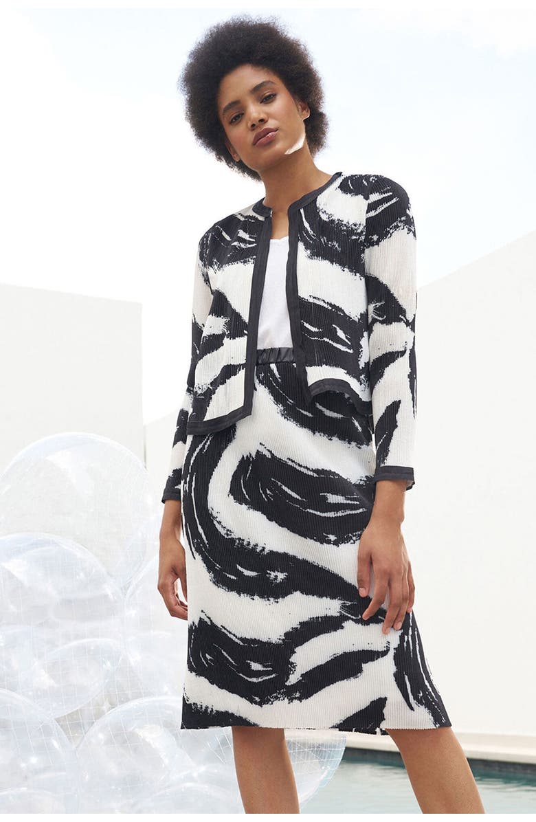 Ming Wang Abstract Brushstroke Crepe de Chine Jacket, Alternate, color, Black/White