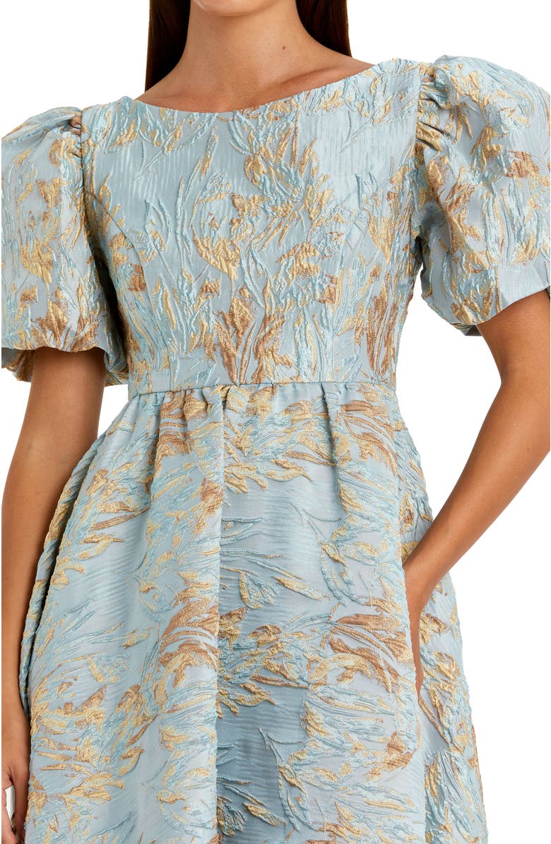 Mac Duggal Brocade High-Low Gown with Puff Sleeves, Alternate, color, Platinum Gold