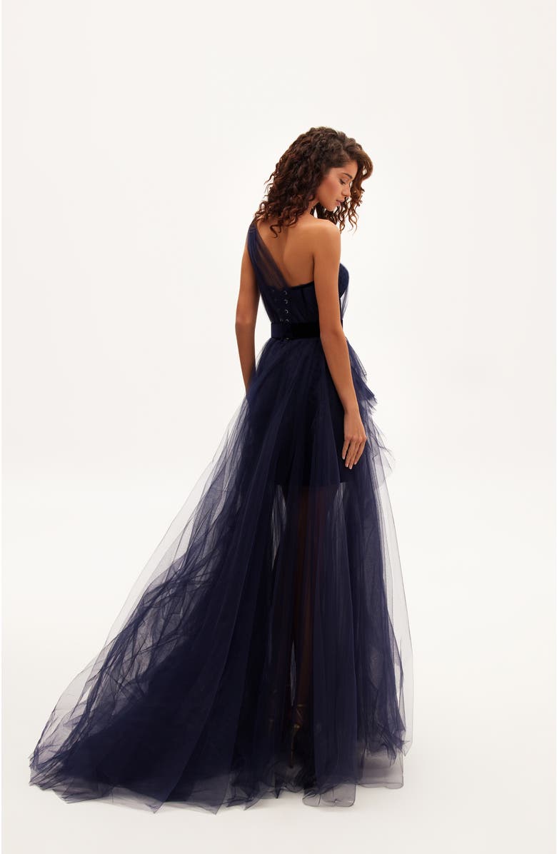 Milla Royal Navy Tulle Gown With Detachable Sleeve, Alternate, color,