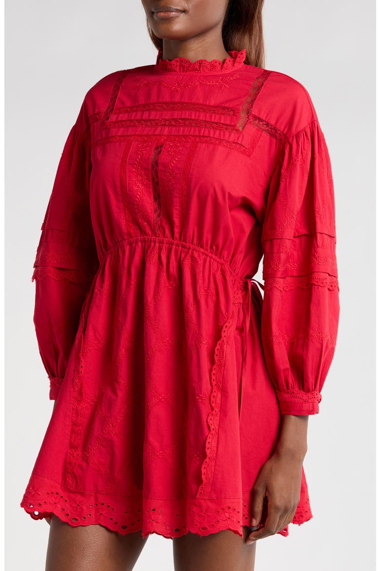 Clancy Lace & Eyelet Long Sleeve Organic Cotton Minidress, Alternate, color, RED