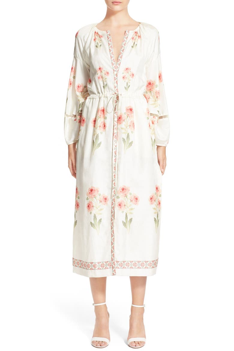 'Penny' Rose Print Raw Silk Midi Dress, Main, color, ROSE PRINT