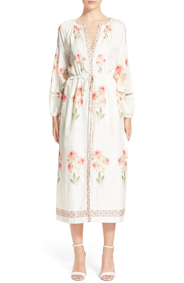 VILSHENKO 'Penny' Rose Print Raw Silk Midi Dress, Main, color, 