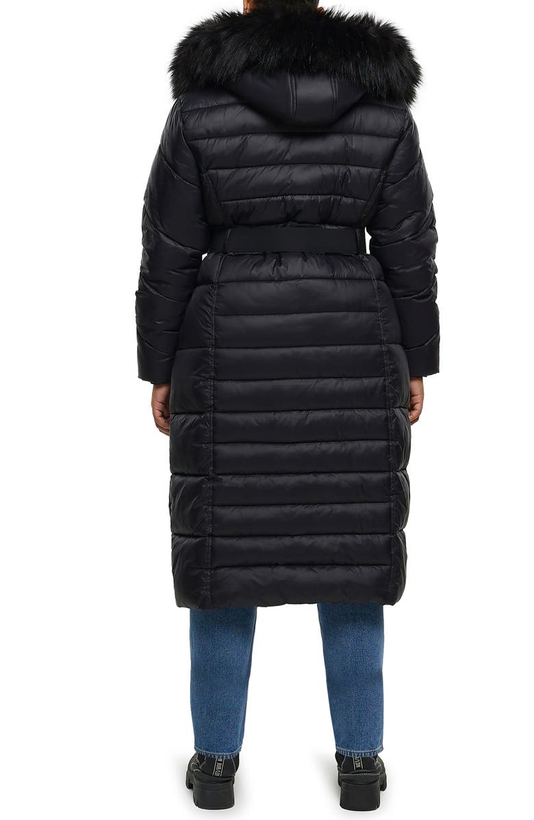 River Island Belted Longline Hooded Puffer Jacket with Removable Faux Fur Trim, Alternate, color, 