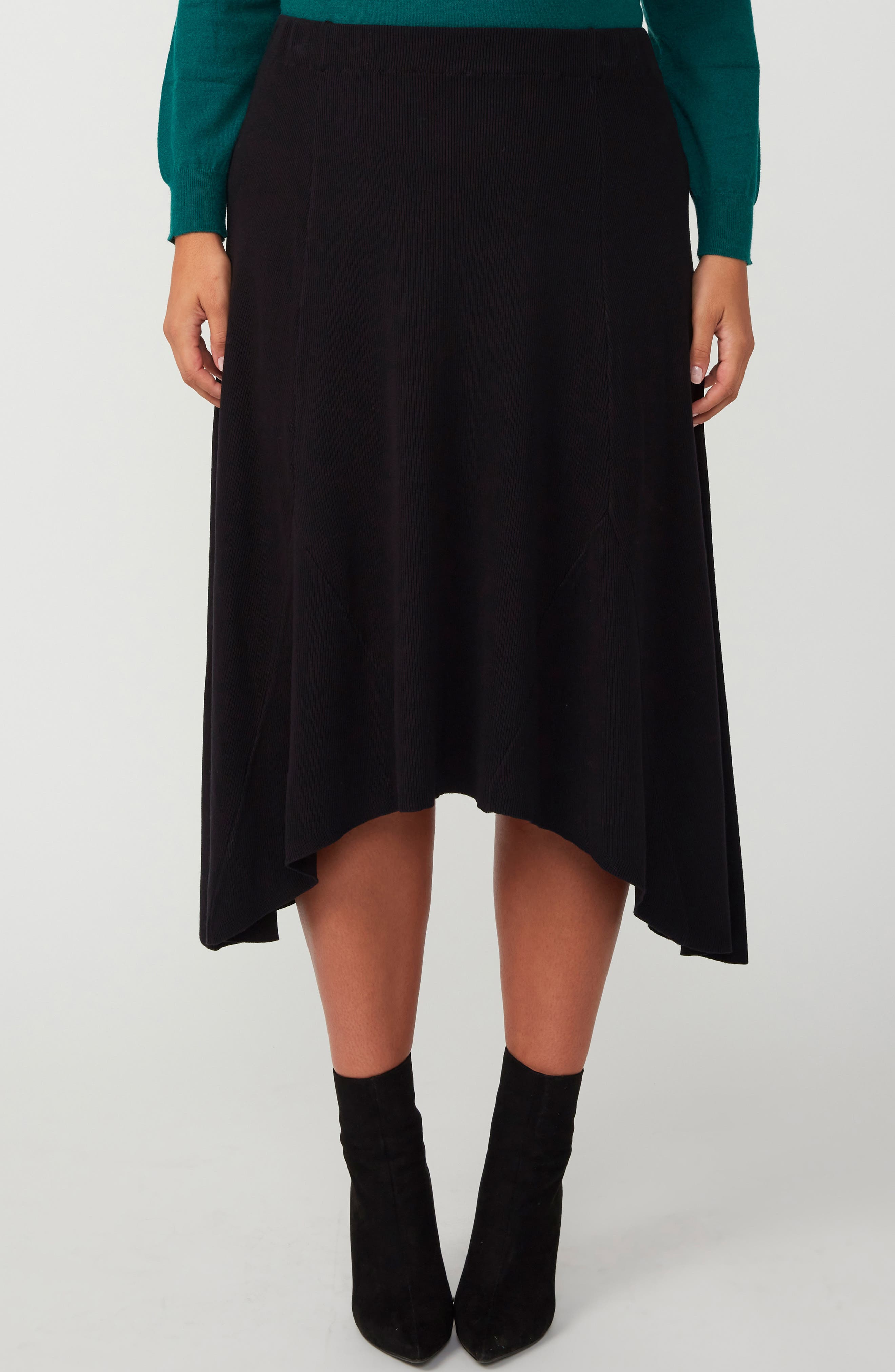 Estelle Shade Shark-Bite Hem Midi Skirt in Black 