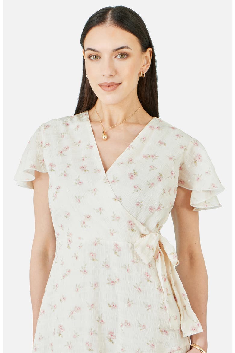 Rose Print Wrap Over Frill Dress, Alternate, color, White