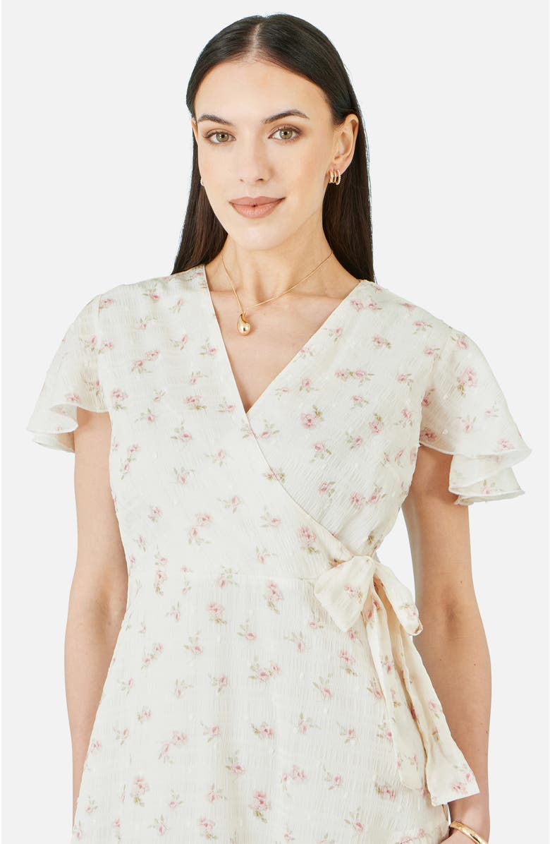 Yumi Rose Print Wrap Over Frill Dress, Alternate, color, White