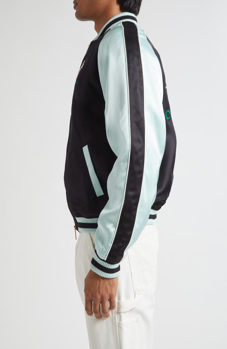 Casablanca Embroidered Satin Bomber Jacket, Alternate, color, Black