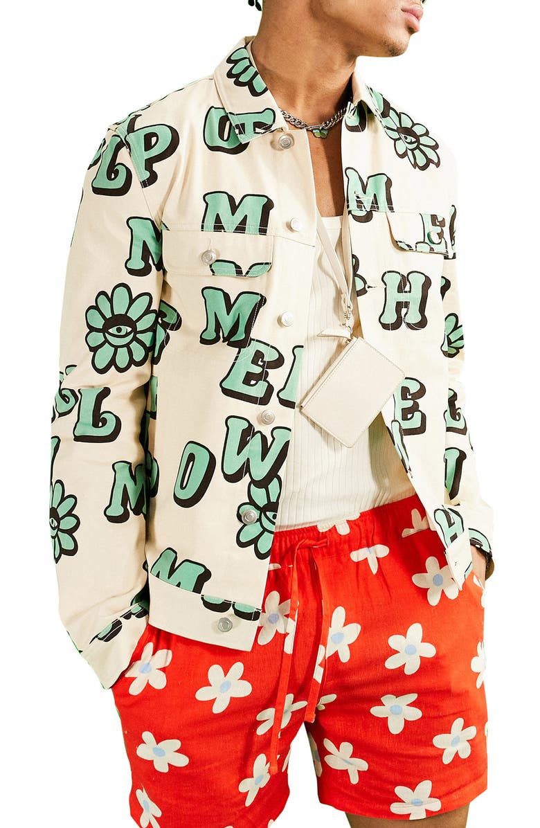 ASOS DESIGN Print Oversize Cotton Twill Shirt Jacket, Main, color, 