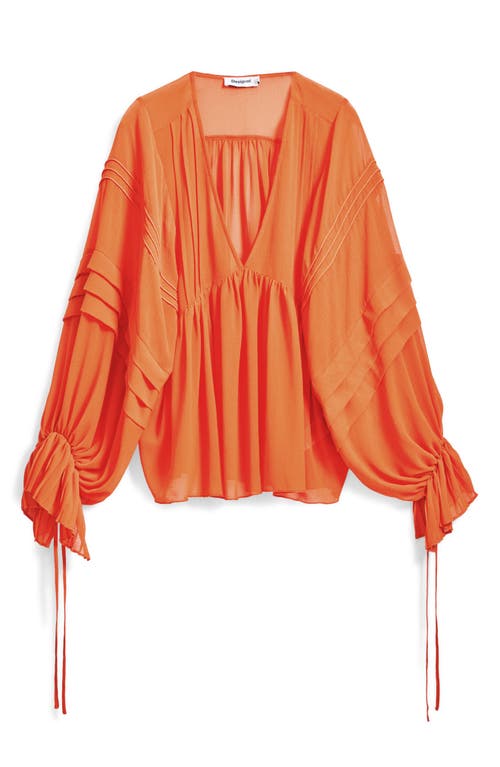 Desigual Balloon Sleeve Semisheer Top In Orange