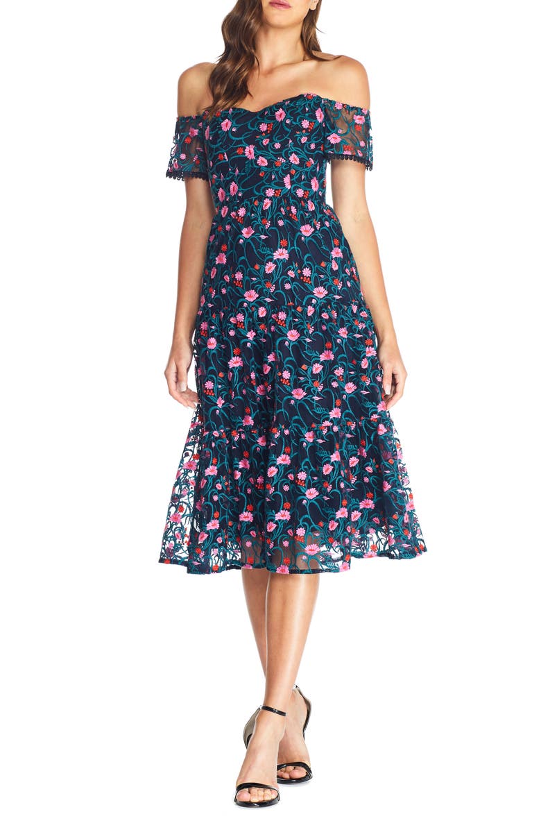 Dress the Population River Embroidered Floral Off the Shoulder Dress, Main, color, 