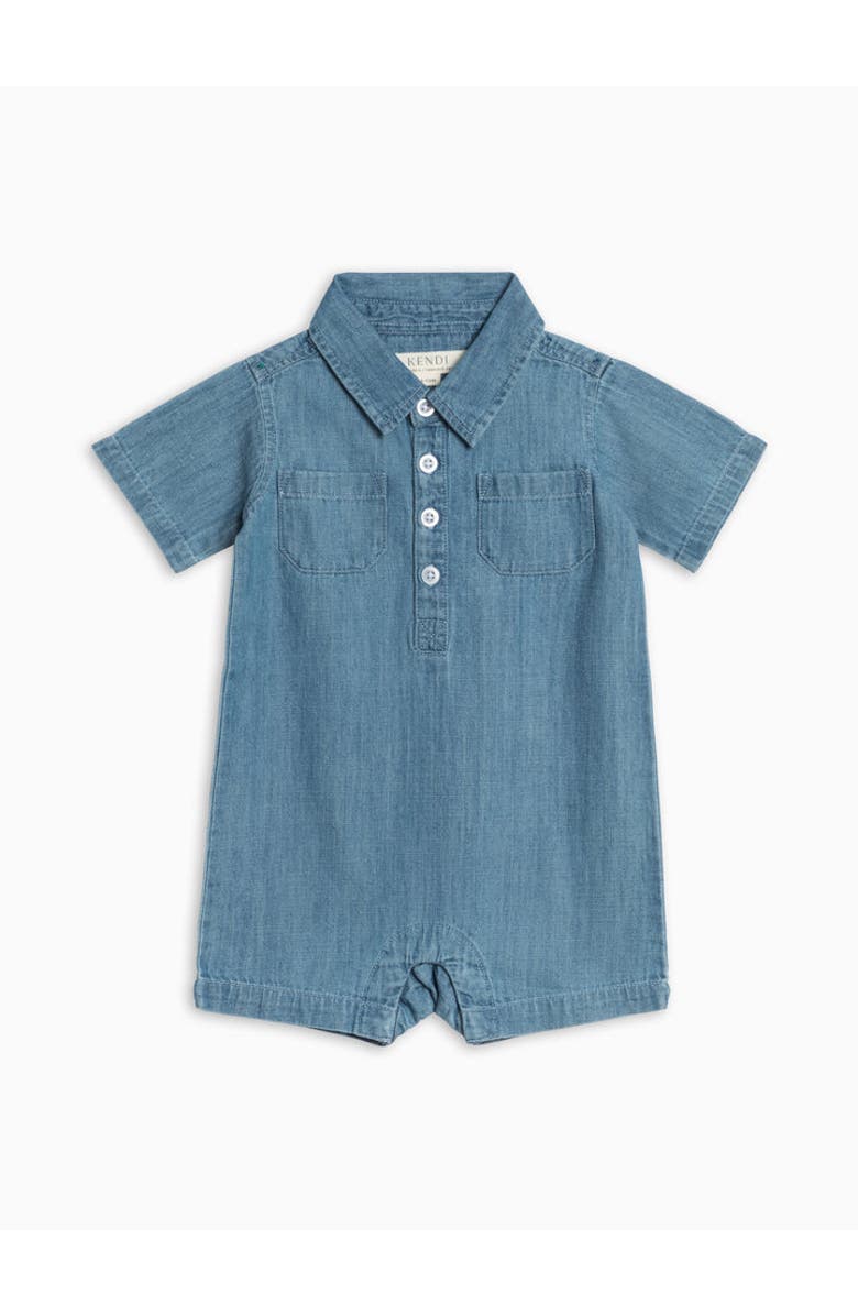KENDI by Colored Organics Organic Ted Chambray Collared Romper, Main, color, Chambray