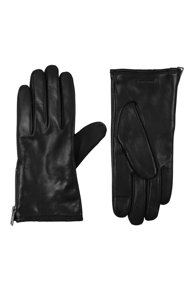 Zip Leather Gloves, Main, color, BLACK