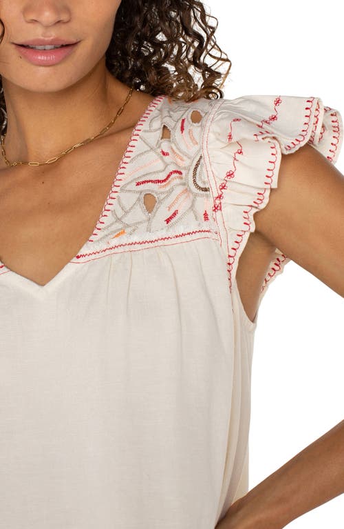 Liverpool Los Angeles Flutter Sleeve Top In Bone W/multi Embroidered