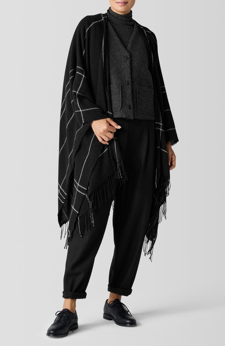Eileen Fisher Serape Open Front Plaid Wool Blend Wrap, Main, color, Black