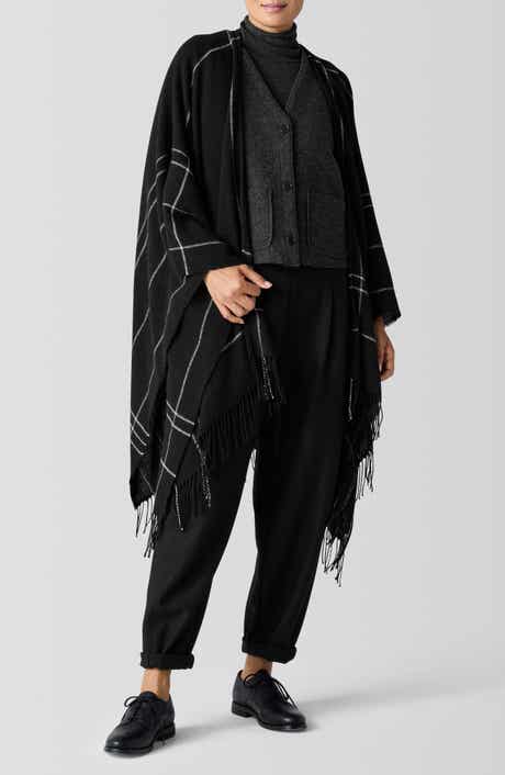 Eileen Fisher Serape Open Front Plaid Wool Blend Wrap