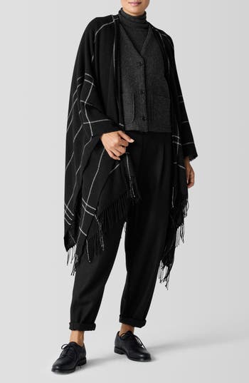 Eileen Fisher Serape Open Front Plaid Wool Blend Wrap In Blue