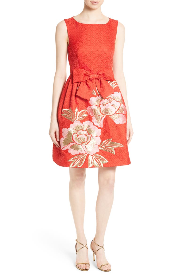 Deemey Embroidered Jacquard Party Dress, Main, color, BRIGHT ORANGE