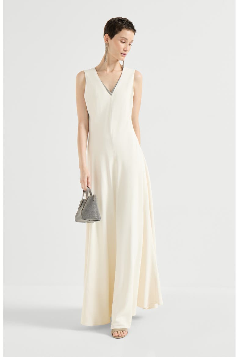 Silk and acetate crêpe cady fluid dress with precious neckline, Alternate, color, Chalk