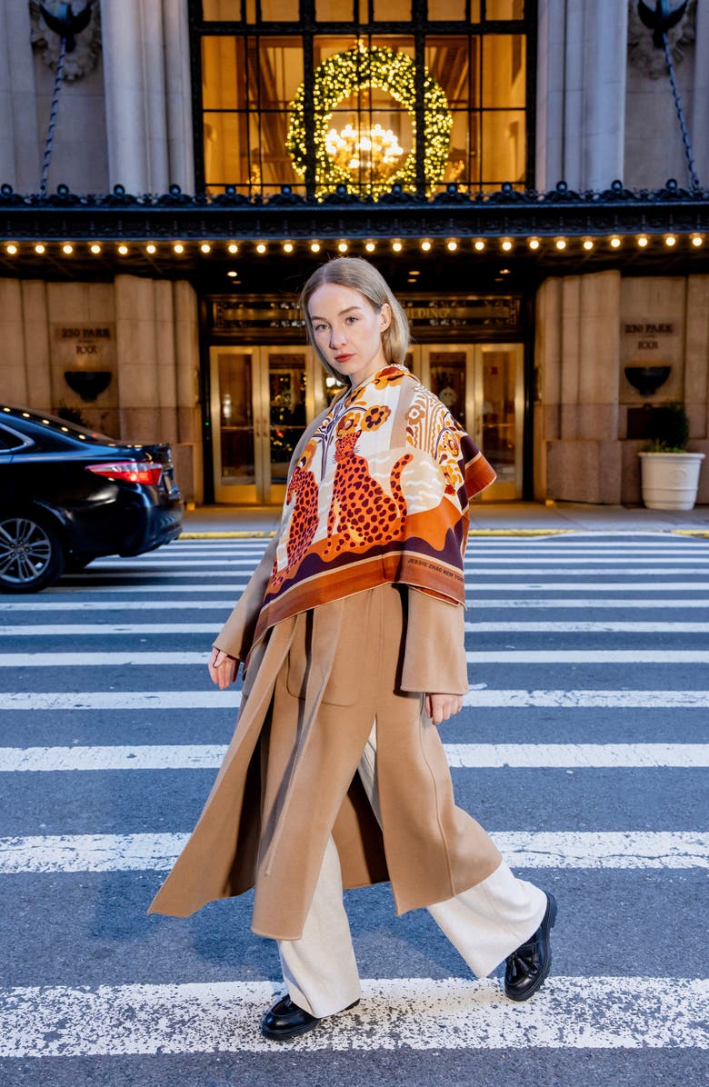 Jessie Zhao New York Double Sided Wool Silk Scarf Of Leopards With Floral Fountain, Alternate, color, Brown