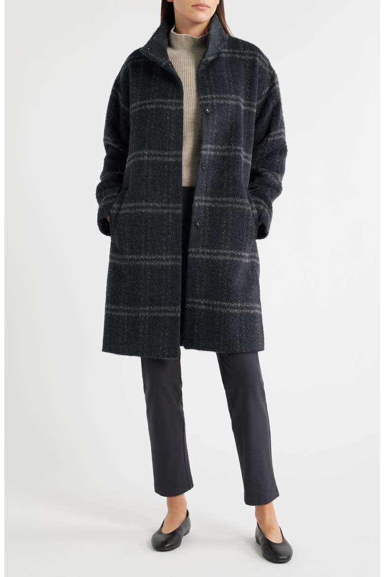Plaid Stand Collar Alpaca & Wool Blend Coat, Main, color, CHARCOAL