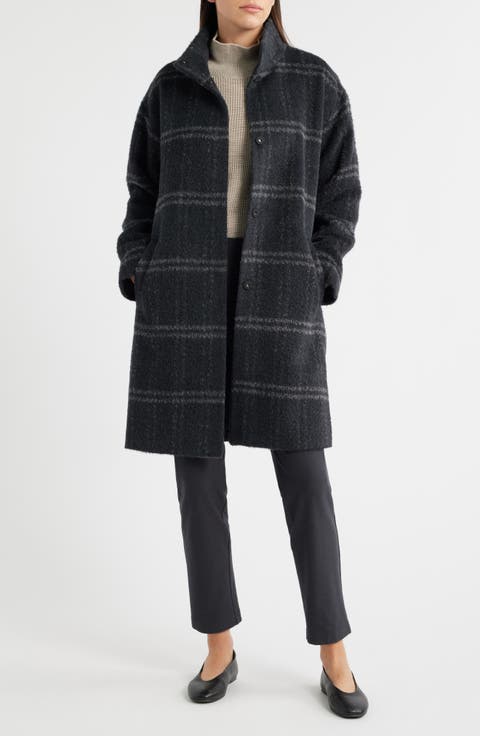 Plaid Stand Collar Alpaca & Wool Blend Coat