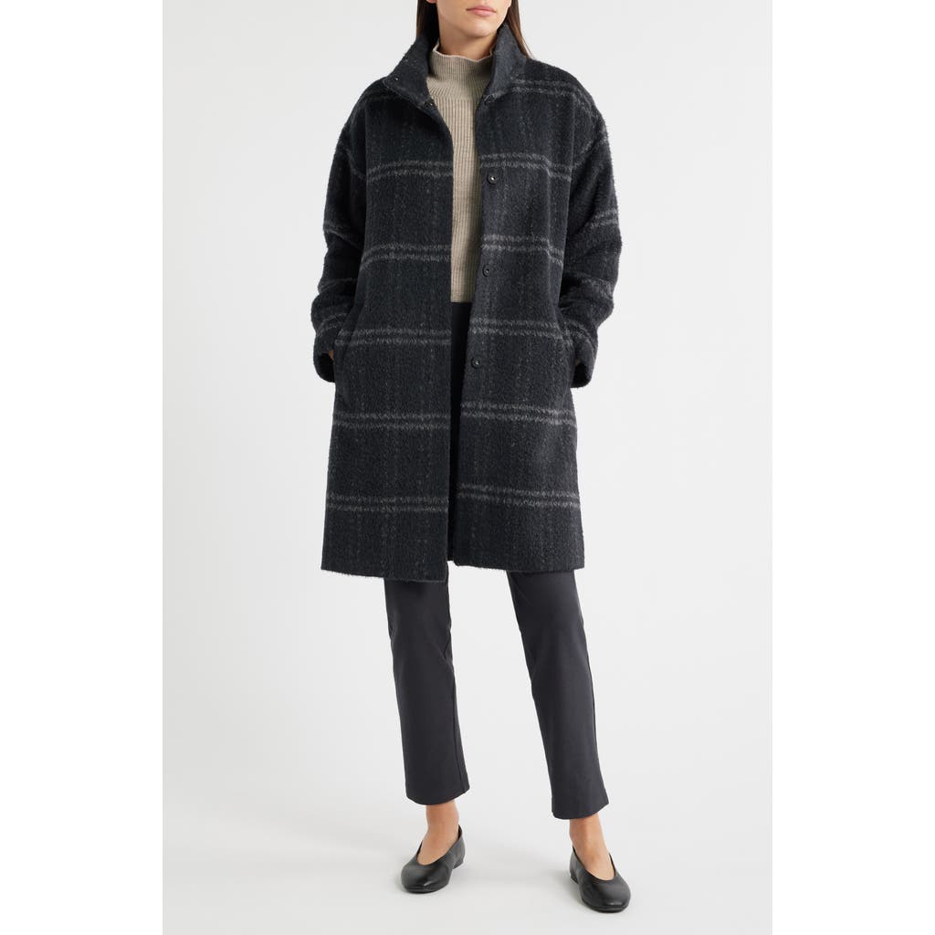 Eileen Fisher Luxe Alpaca Windowpane Stand Collar Coat In Black