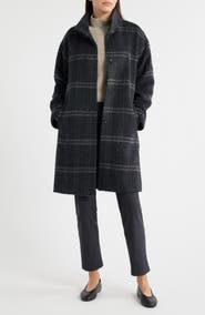 Eileen Fisher Plaid Stand Collar Alpaca & Wool Blend Coat