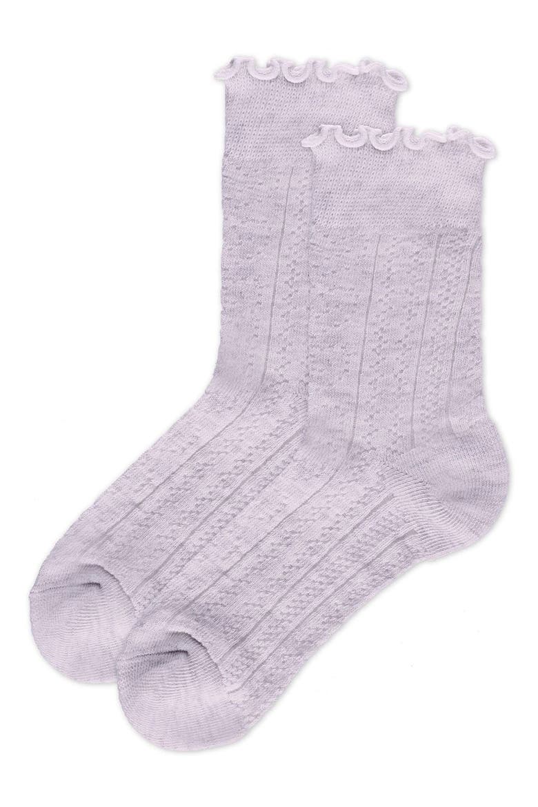 Heart Ruffle Cuff Cotton Blend Pointelle Crew Socks, Main, color, PURPLE HEATHER